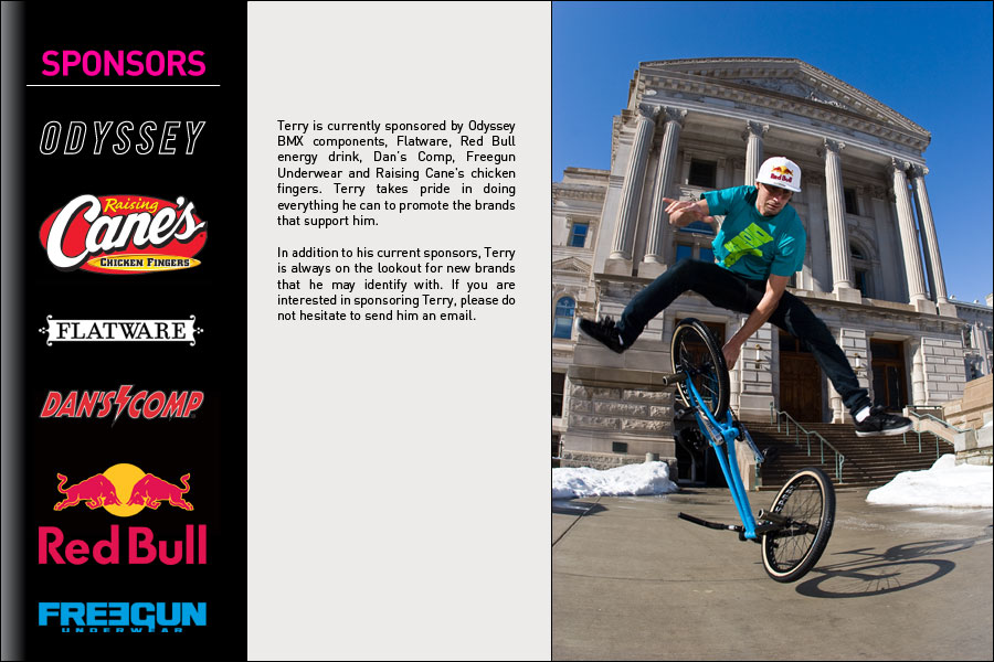 Terry Adams BMX - Sponsors - Odyssey BMX, Red Bull Energy Drink, Lotek Shoes, & Raising Cane's Chicken Fingers